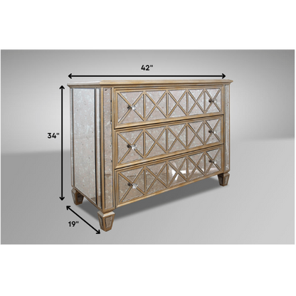 HomeRoots 34' Mirrored Glass and MDF Cabinet with 3 Drawers