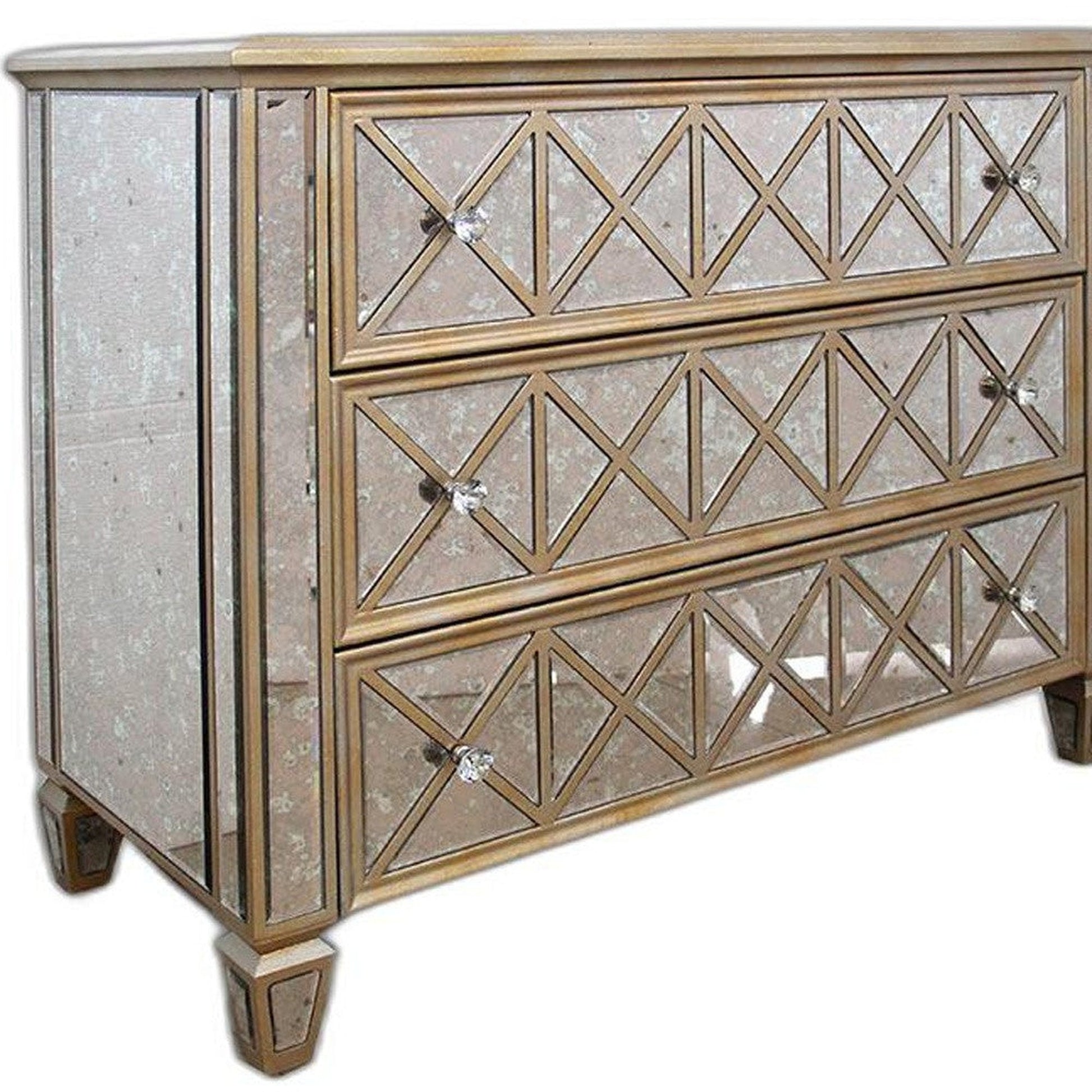 HomeRoots 34' Mirrored Glass and MDF Cabinet with 3 Drawers