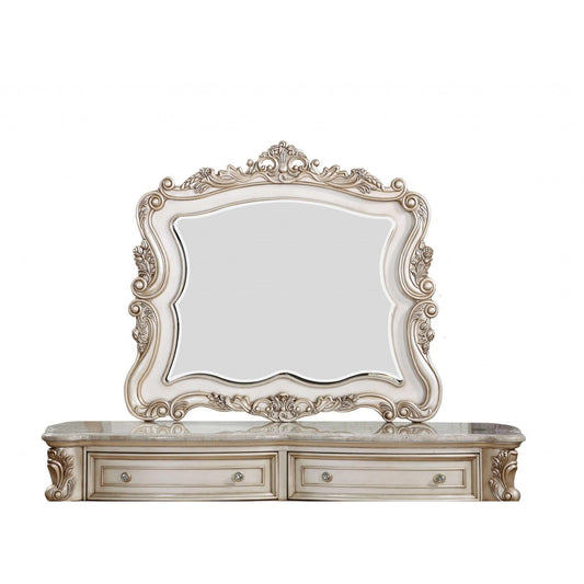 HomeRoots 44" Novelty Dresser Mirror With Solid Wood Frame in Antique White Finish