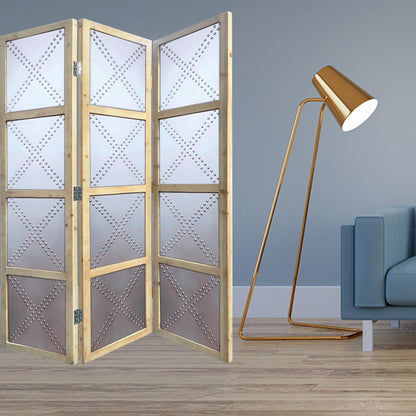 HomeRoots 63" x 2" x 84" Wood Three Panel Screen With Silver Finish