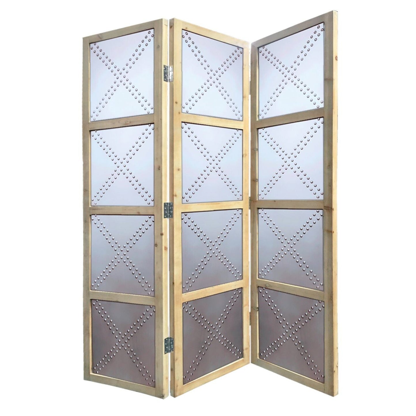 HomeRoots 63" x 2" x 84" Wood Three Panel Screen With Silver Finish