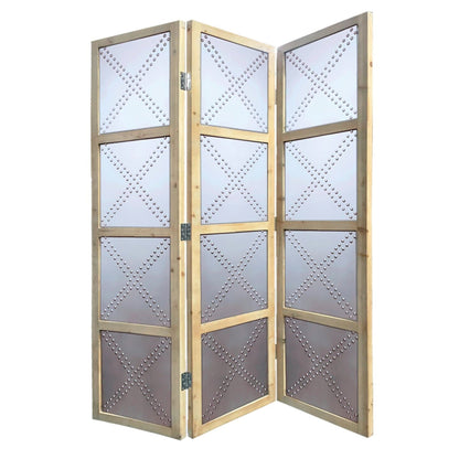 HomeRoots 63" x 2" x 84" Wood Three Panel Screen With Silver Finish