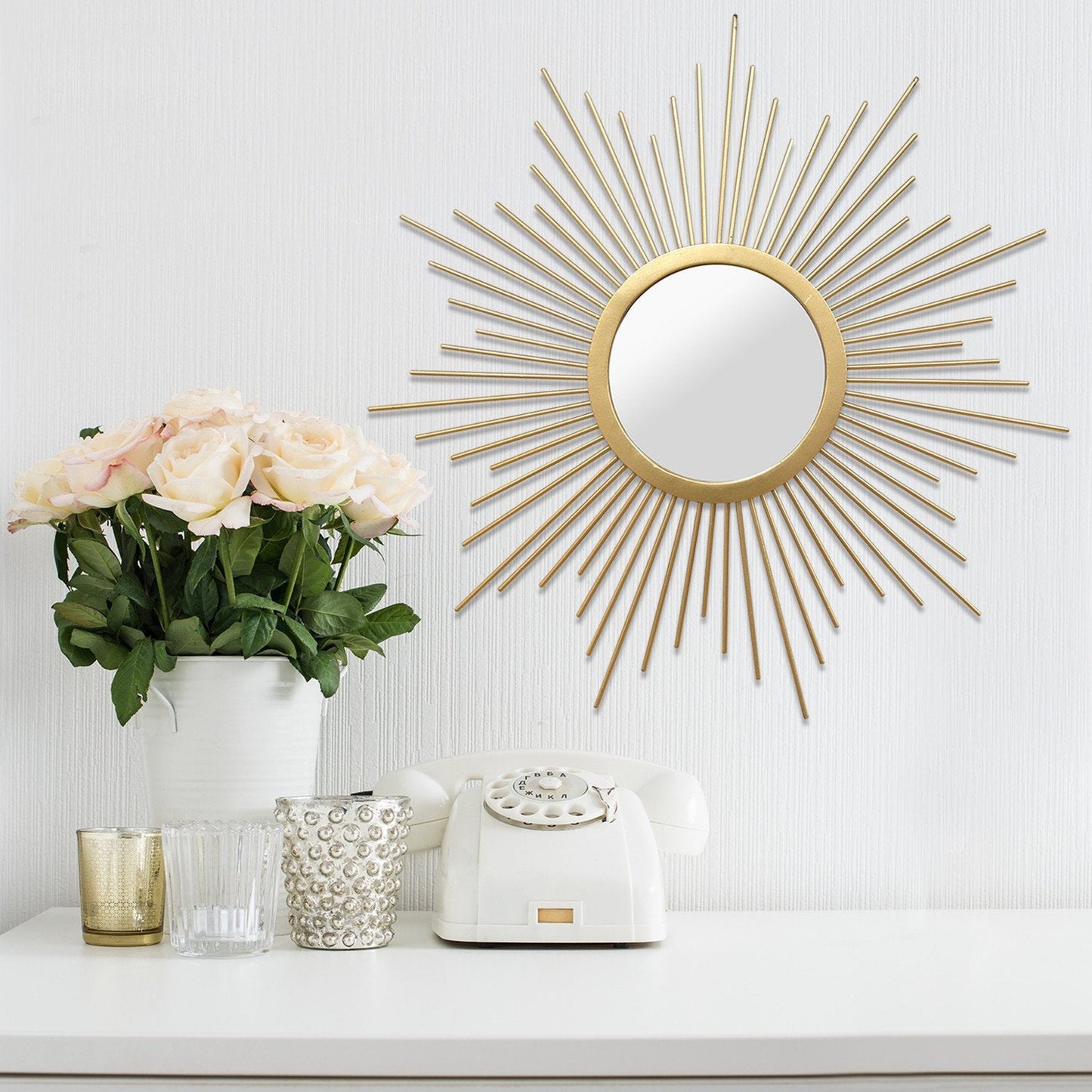 HomeRoots 6.5" Round Gold Metal Frame Burst Wall Mirror