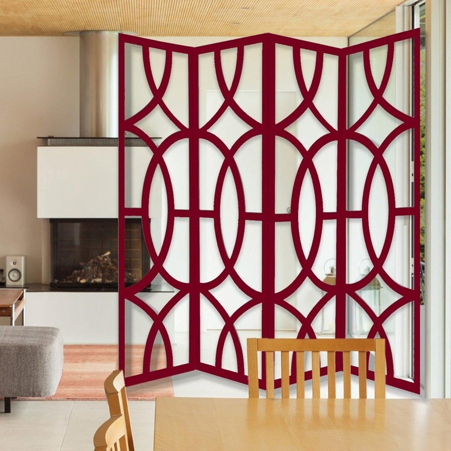 HomeRoots 84" x 2" x 84" Four Panel Screen in Red Wood Finish