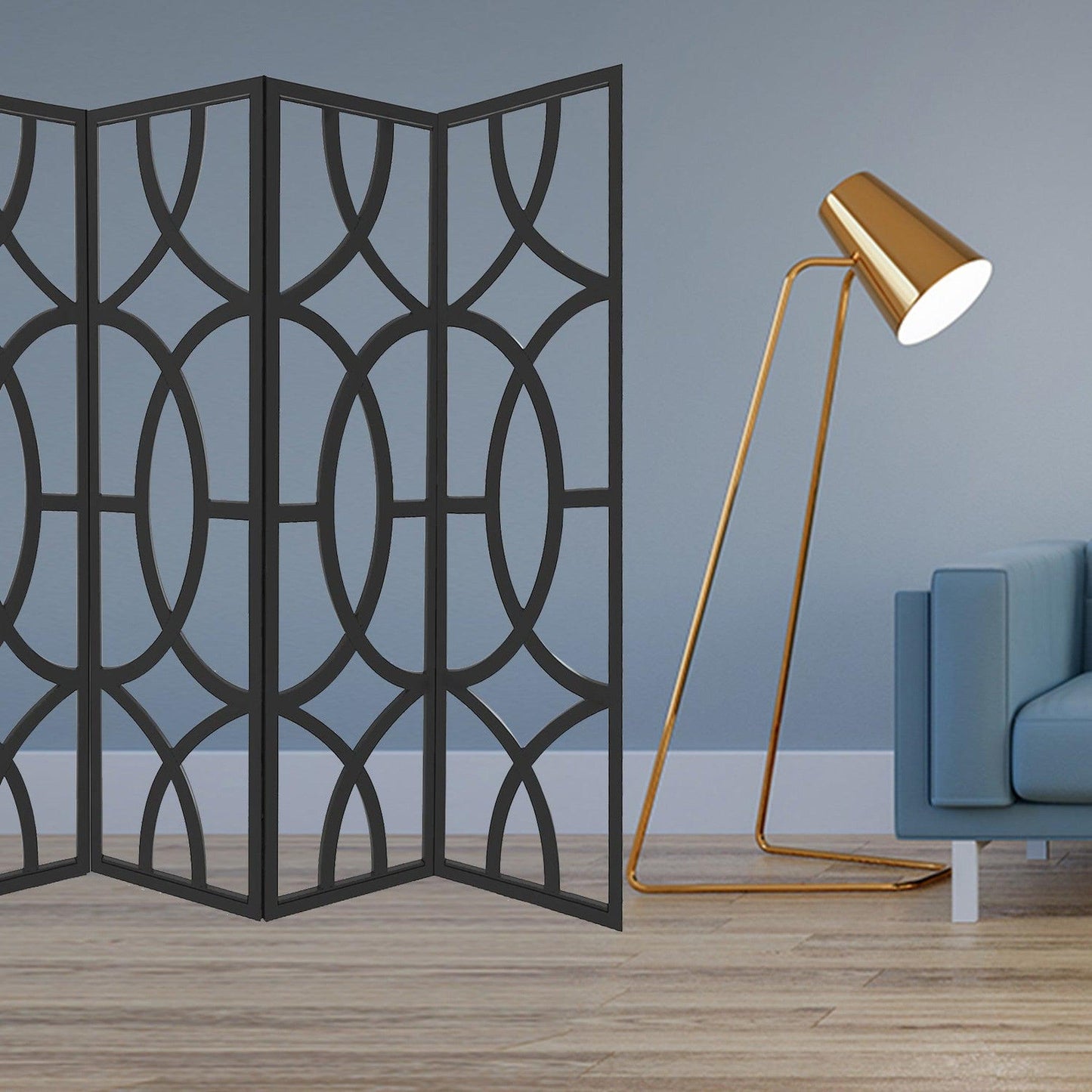 HomeRoots 84" x 2" x 84" Wood Four Panel Screen in Black Finish