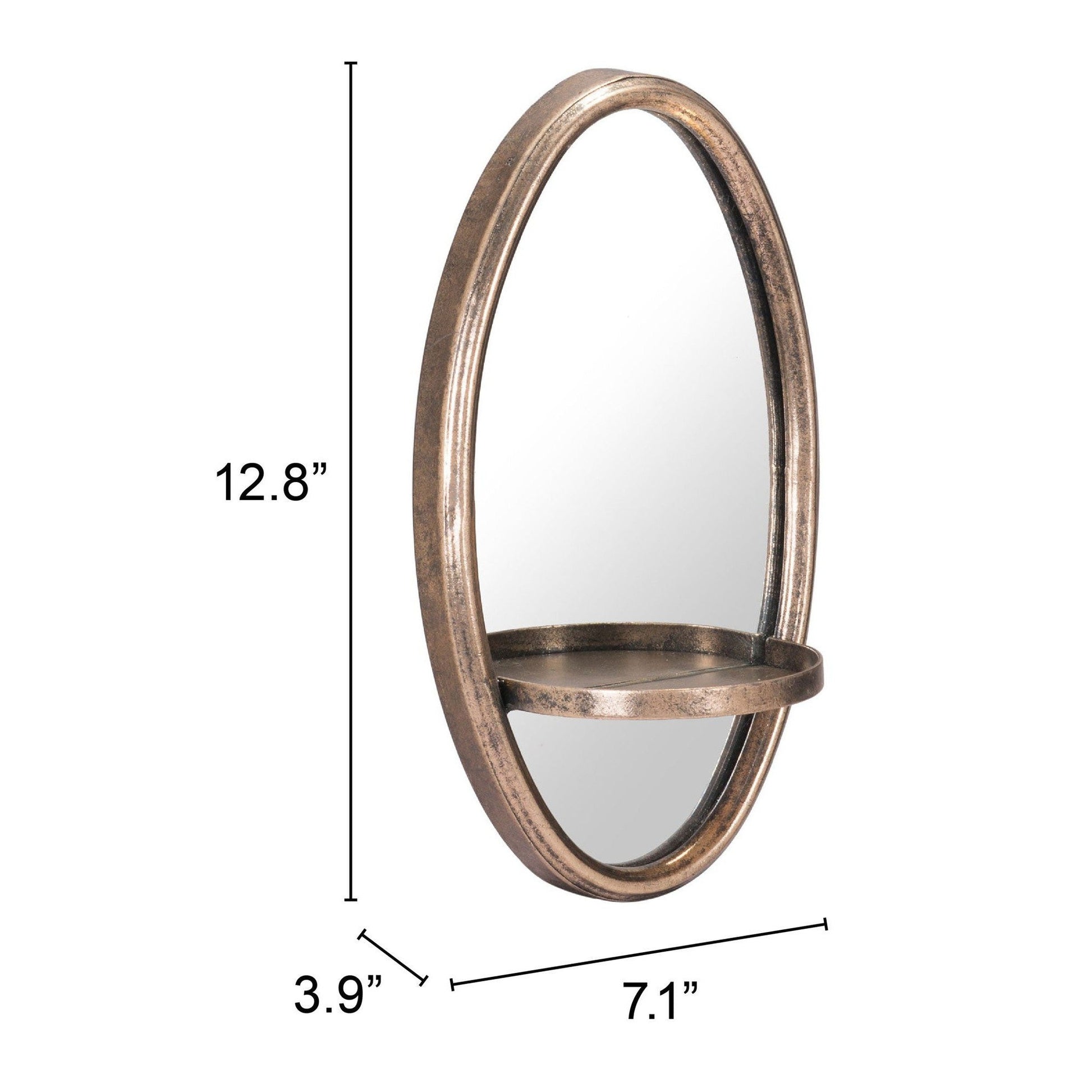 HomeRoots Antiqued Gold Oval Mirror with Petite Shelf