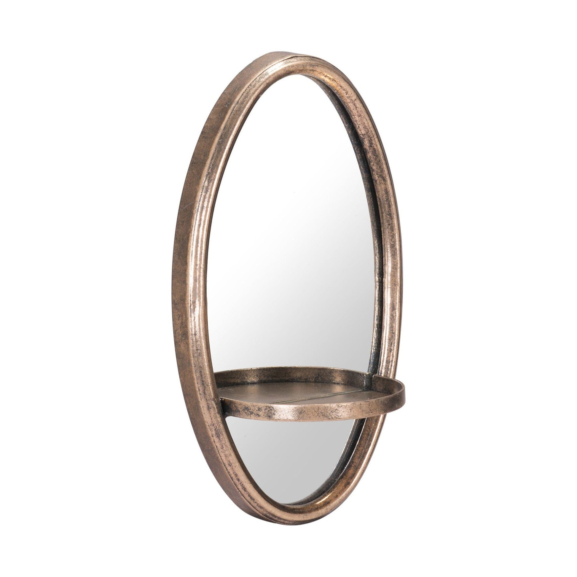 HomeRoots Antiqued Gold Oval Mirror with Petite Shelf