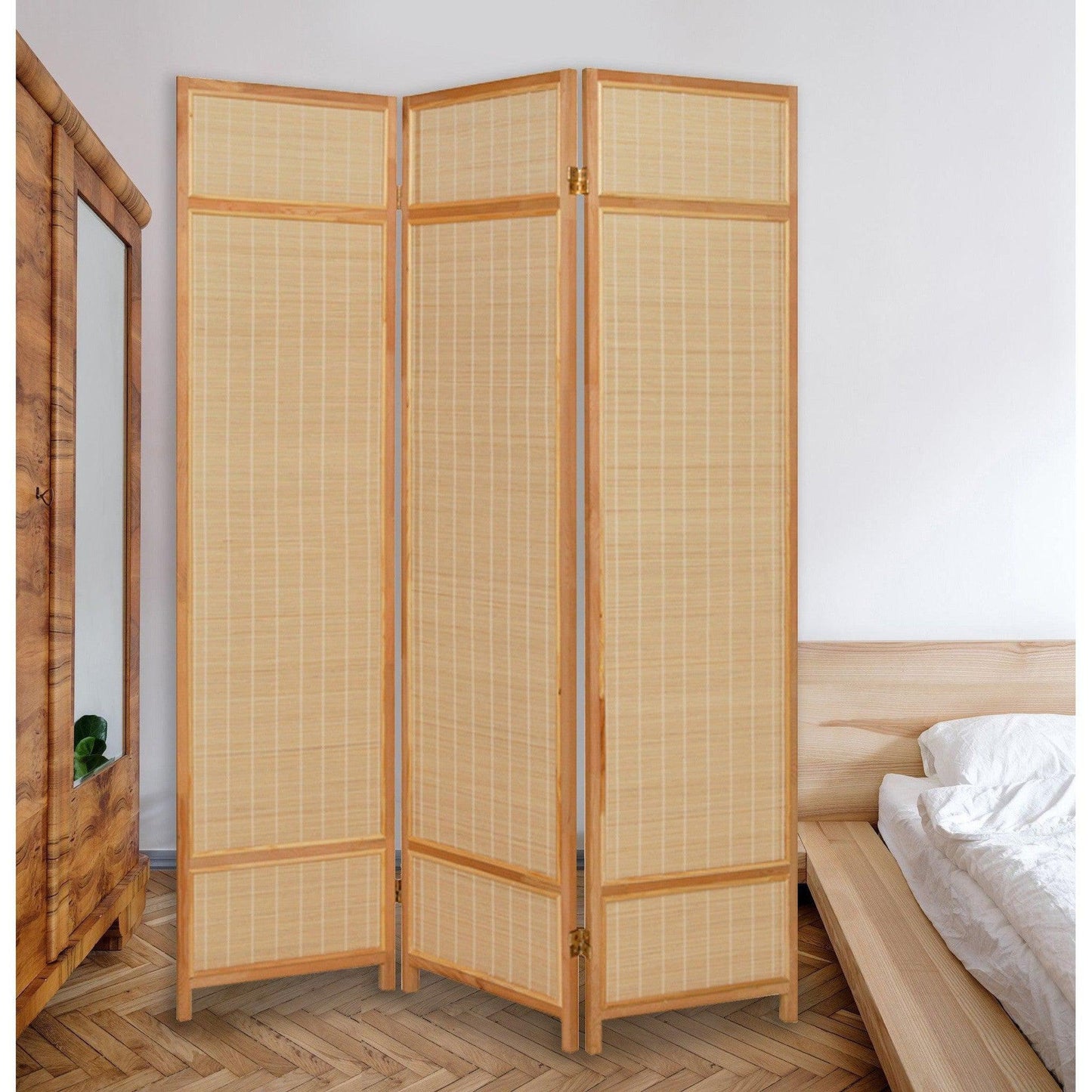 HomeRoots Bamboo Three Panel Room Divider Screen With Natural Brown Finish