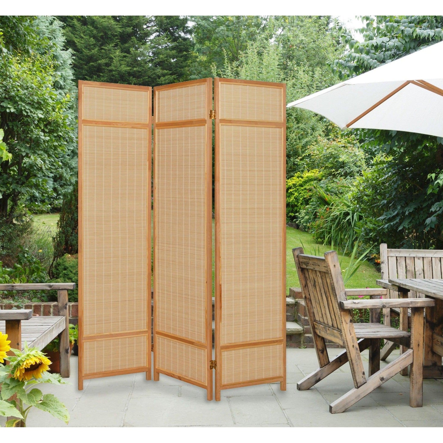 HomeRoots Bamboo Three Panel Room Divider Screen With Natural Brown Finish