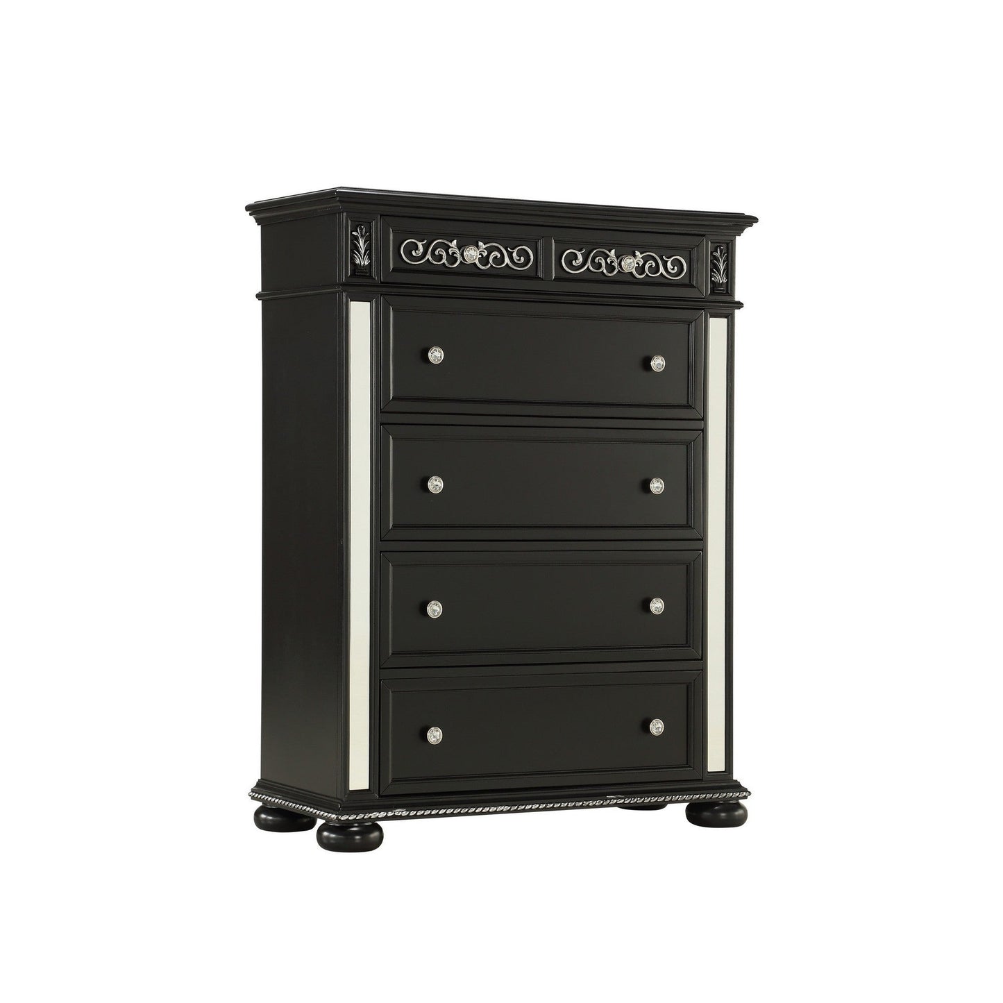 HomeRoots Black Jewel Heirloom Appearance Cabinet With Intricate Carvings Mirrored Accents 9 Drawer