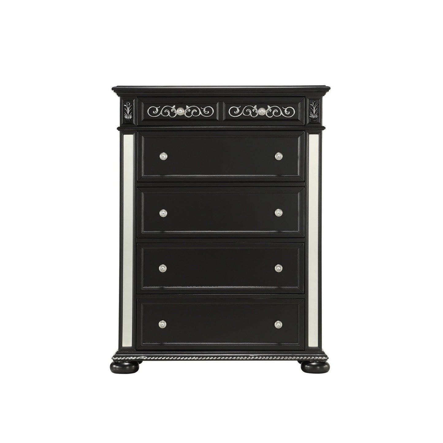 HomeRoots Black Jewel Heirloom Appearance Cabinet With Intricate Carvings Mirrored Accents 9 Drawer