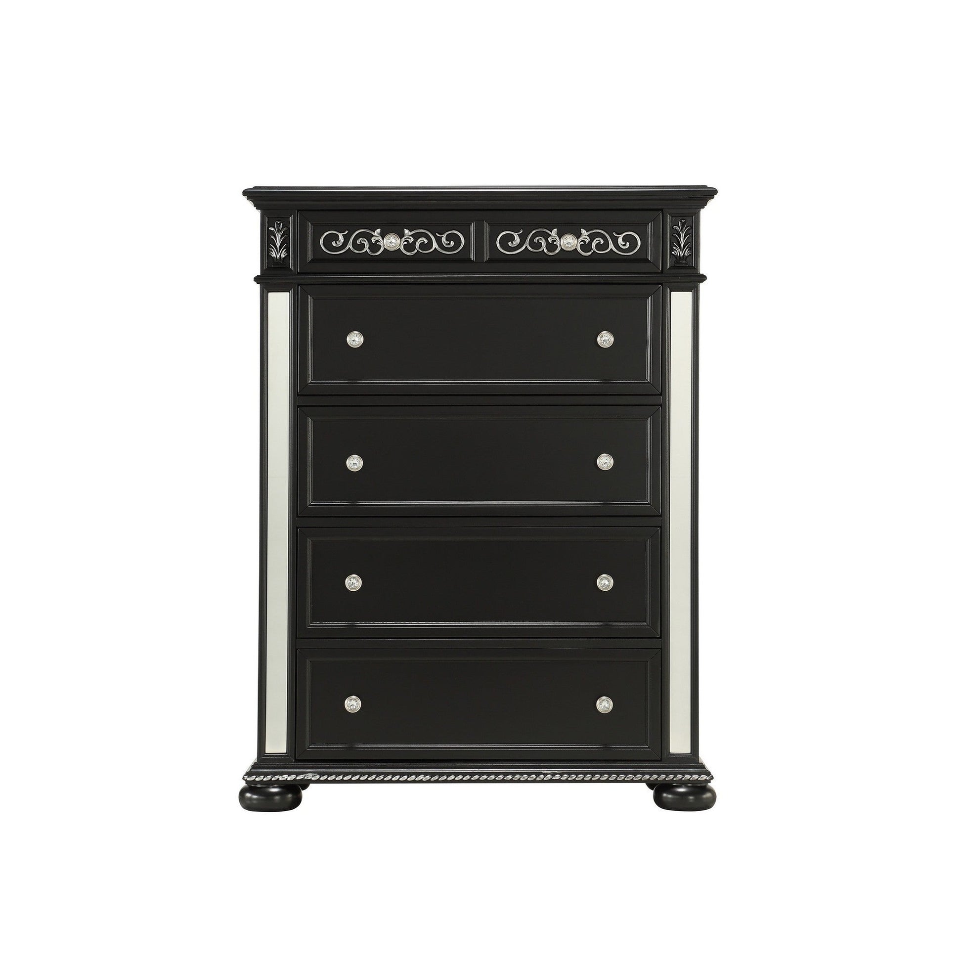 HomeRoots Black Jewel Heirloom Appearance Cabinet With Intricate Carvings Mirrored Accents 9 Drawer