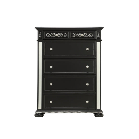 HomeRoots Black Jewel Heirloom Appearance Cabinet With Intricate Carvings Mirrored Accents 9 Drawer