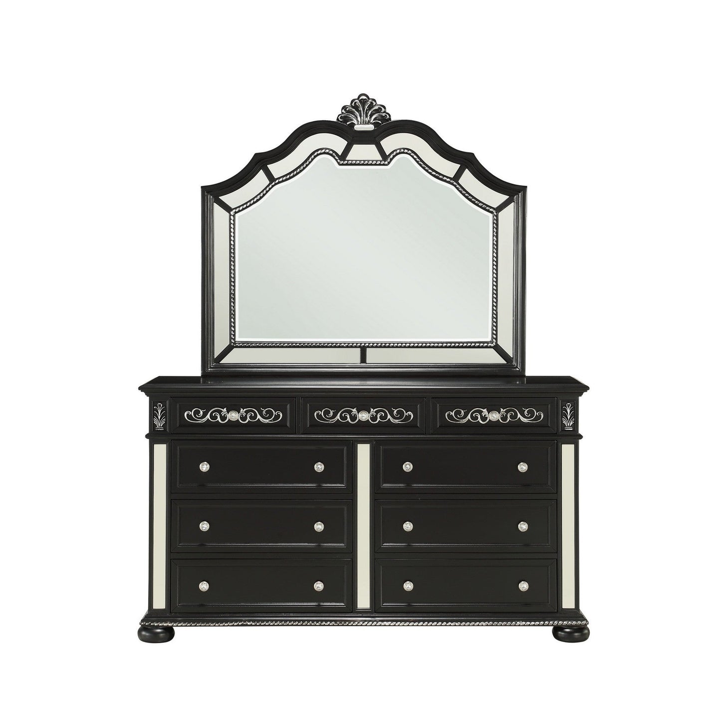 HomeRoots Black Jewel Heirloom Appearance Dresser With Intricate Carvings Mirrored Accents 9 Drawer