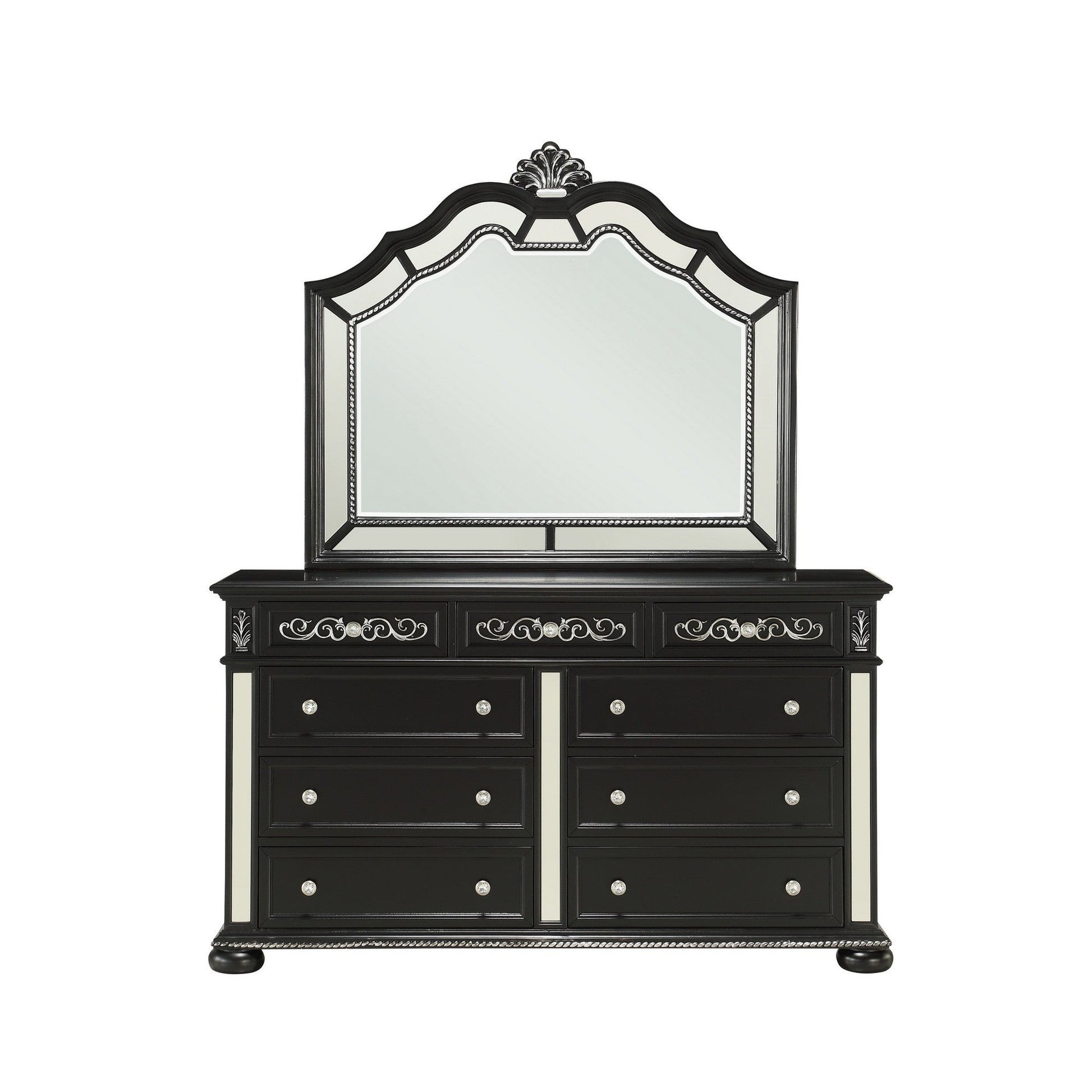 HomeRoots Black Jewel Heirloom Appearance Dresser With Intricate Carvings Mirrored Accents 9 Drawer
