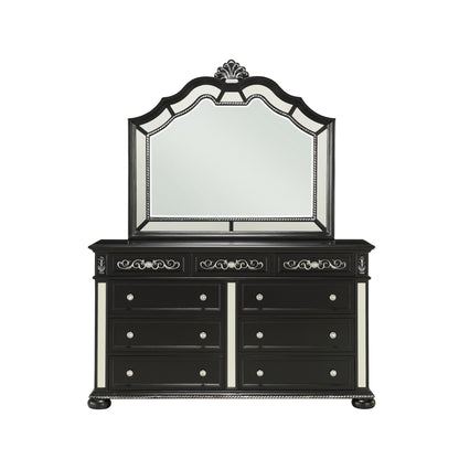 HomeRoots Black Jewel Heirloom Appearance Dresser With Intricate Carvings Mirrored Accents 9 Drawer