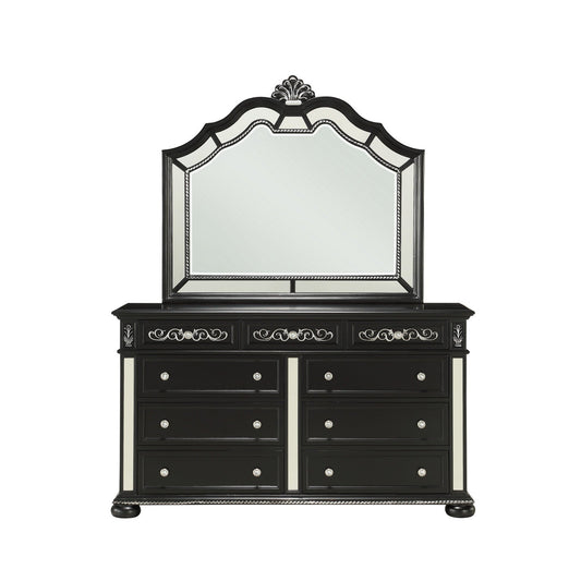 HomeRoots Black Jewel Heirloom Appearance Dresser With Intricate Carvings Mirrored Accents 9 Drawer