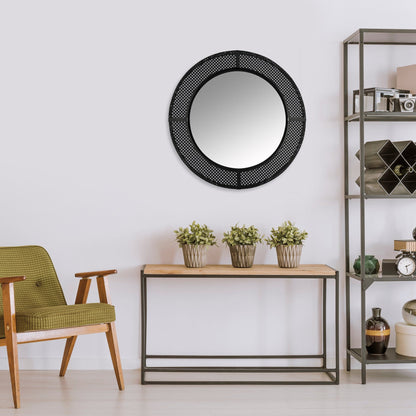 HomeRoots Black Metal Cane Webbing Round Wall Mirror