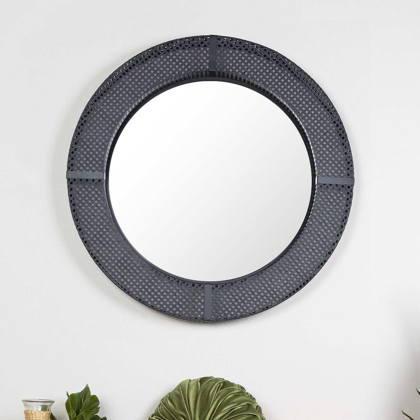 HomeRoots Black Metal Cane Webbing Round Wall Mirror