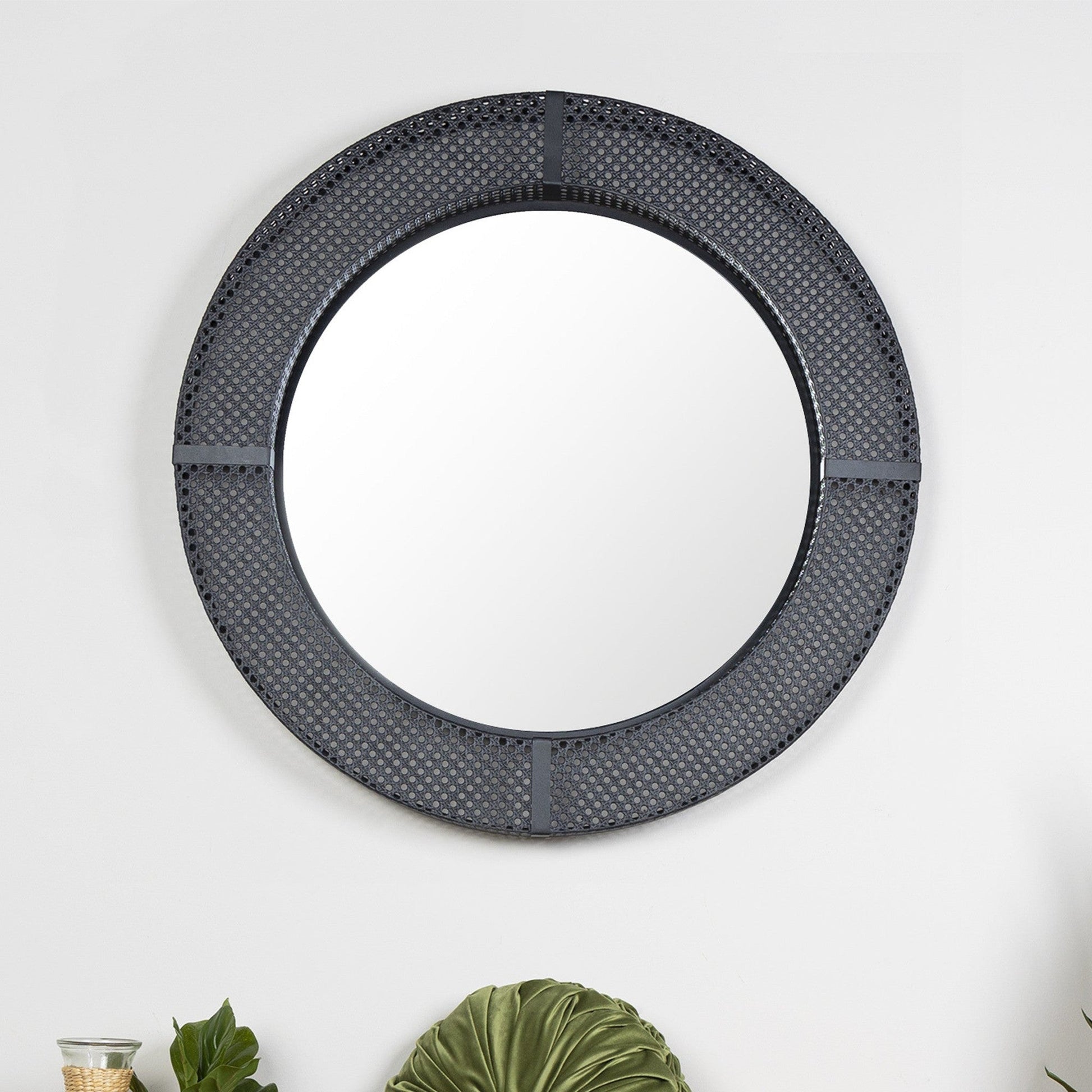 HomeRoots Black Metal Cane Webbing Round Wall Mirror