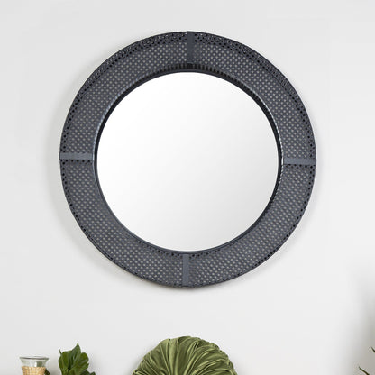 HomeRoots Black Metal Cane Webbing Round Wall Mirror