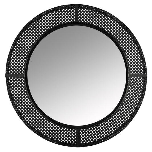 HomeRoots Black Metal Cane Webbing Round Wall Mirror