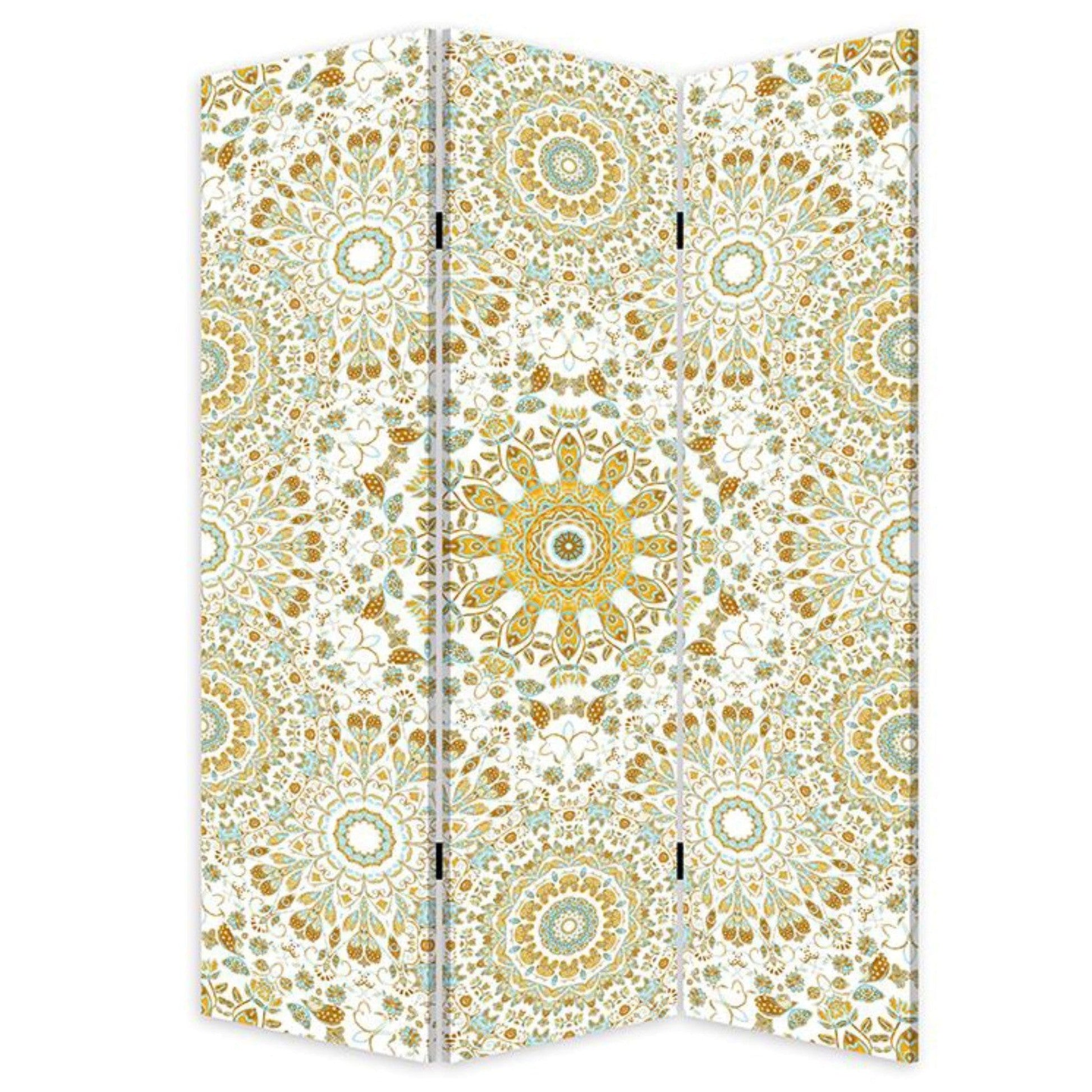 HomeRoots Boho Mandala Three Panel Room Divider Screen in Blue Finish