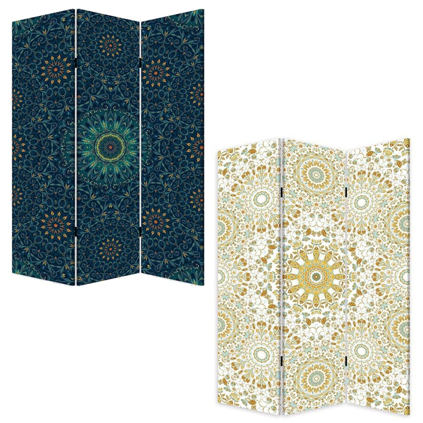 HomeRoots Boho Mandala Three Panel Room Divider Screen in Blue Finish