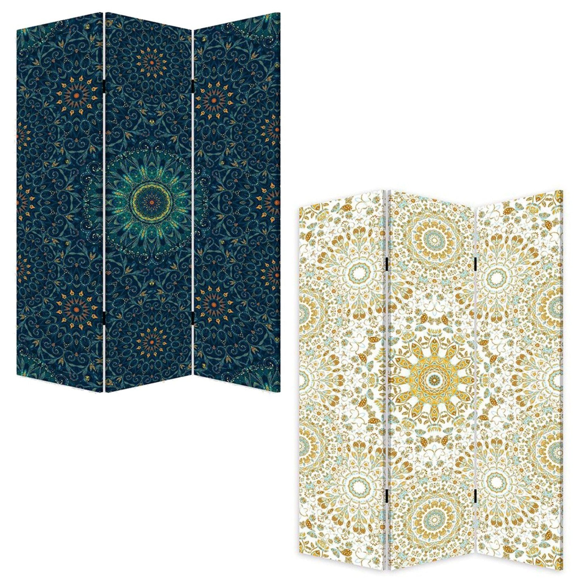 HomeRoots Boho Mandala Three Panel Room Divider Screen in Blue Finish