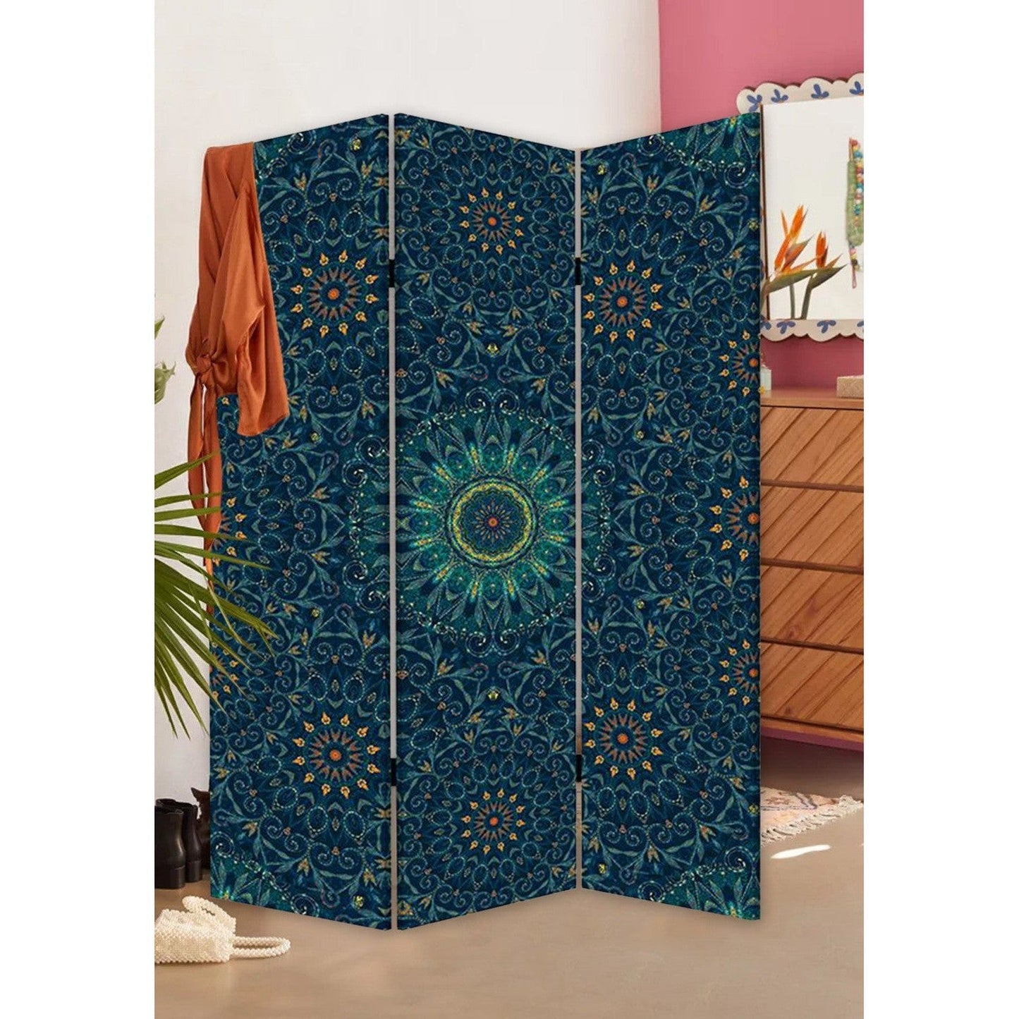 HomeRoots Boho Mandala Three Panel Room Divider Screen in Blue Finish