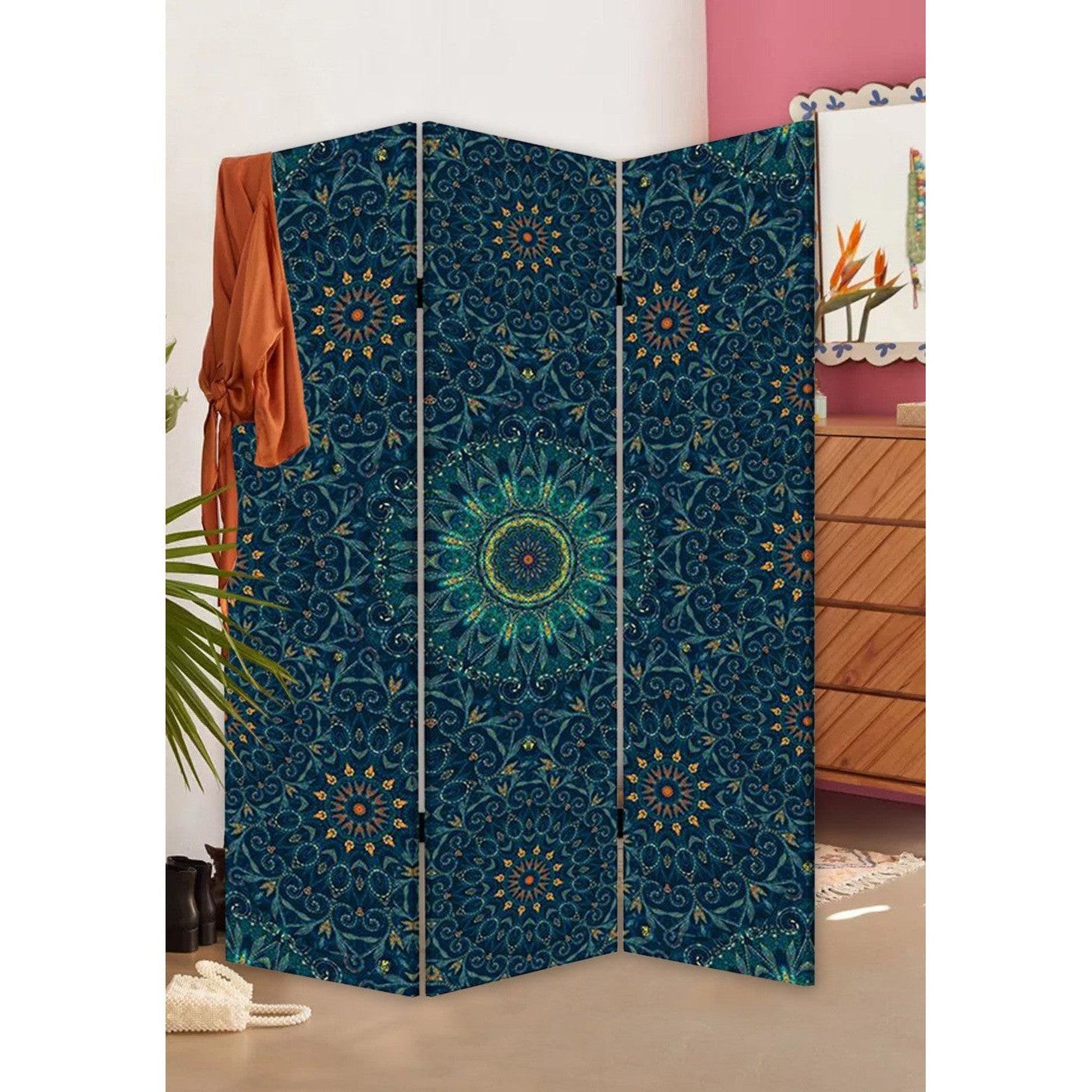 HomeRoots Boho Mandala Three Panel Room Divider Screen in Blue Finish