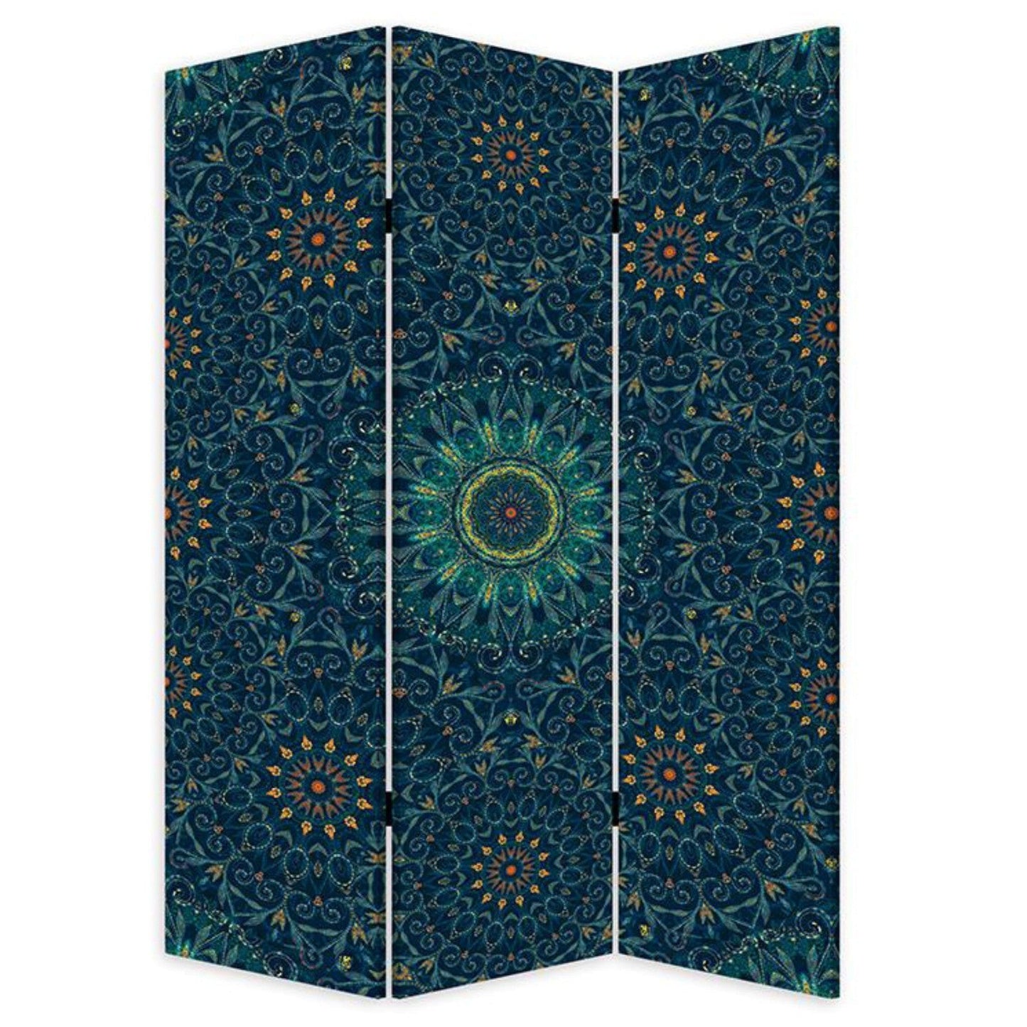 HomeRoots Boho Mandala Three Panel Room Divider Screen in Blue Finish