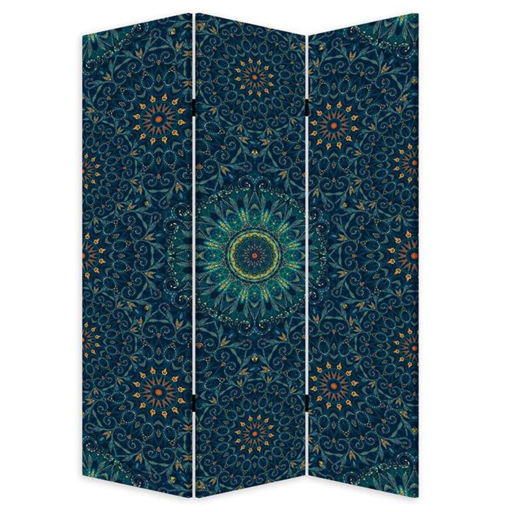 HomeRoots Boho Mandala Three Panel Room Divider Screen in Blue Finish