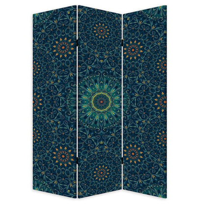 HomeRoots Boho Mandala Three Panel Room Divider Screen in Blue Finish
