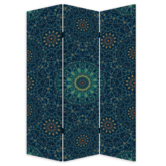 HomeRoots Boho Mandala Three Panel Room Divider Screen in Blue Finish