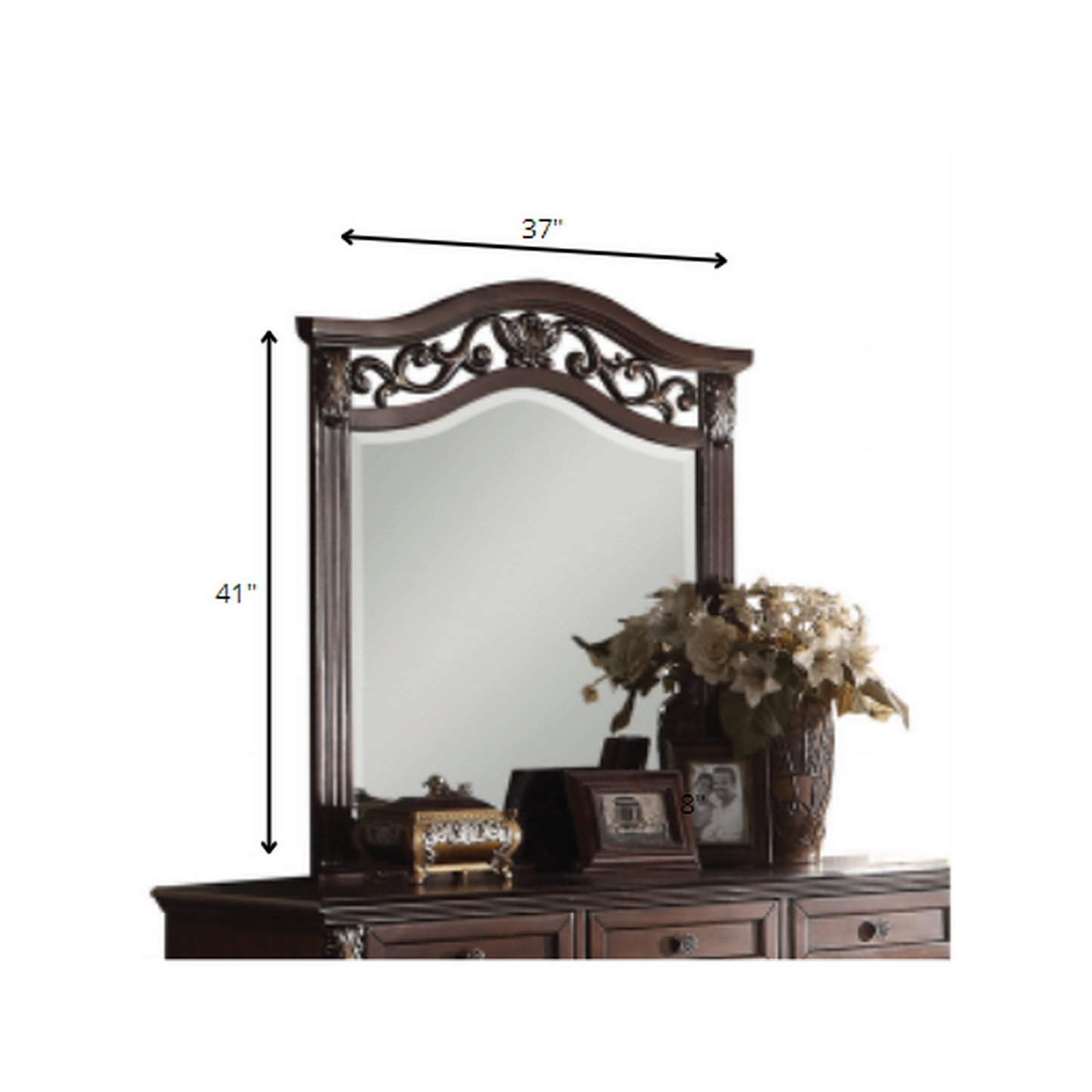 HomeRoots Carved Wall Mirror in Dark Walnut Wood Finish