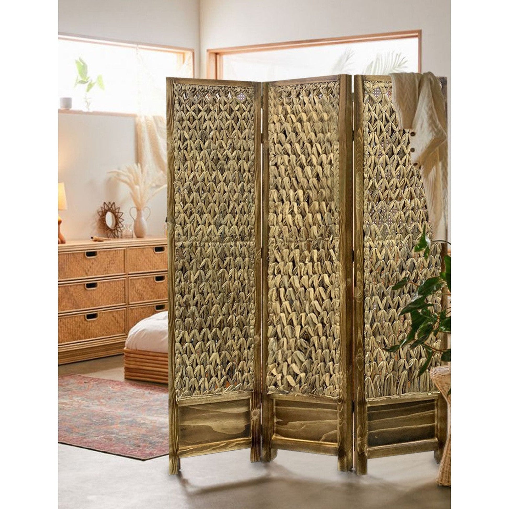 HomeRoots Casual Wood And Seagrass Three Panel Room Divider Screen in Brown Finish