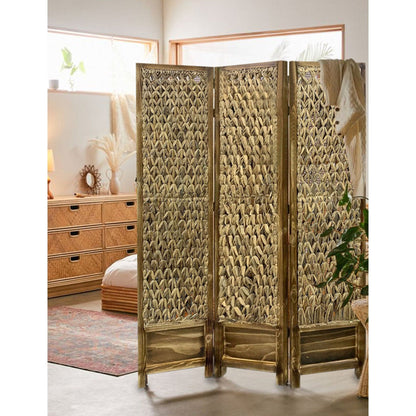 HomeRoots Casual Wood And Seagrass Three Panel Room Divider Screen in Brown Finish