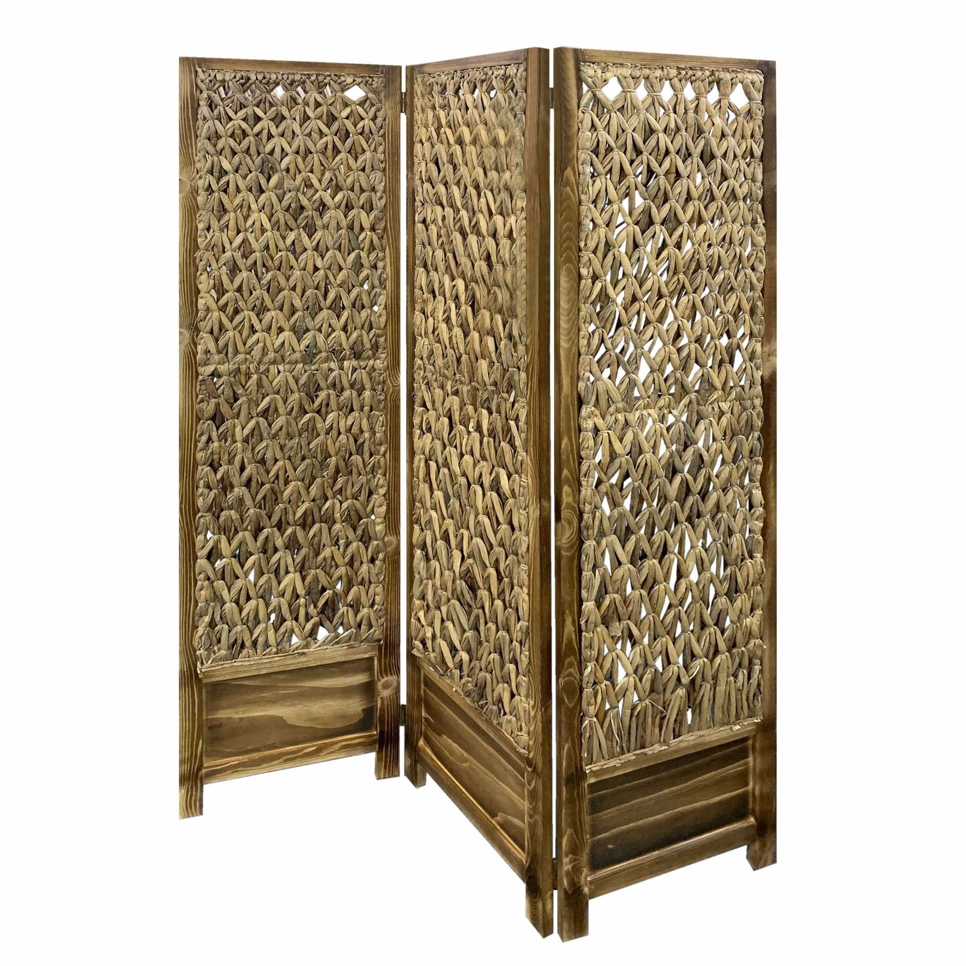 HomeRoots Casual Wood And Seagrass Three Panel Room Divider Screen in Brown Finish