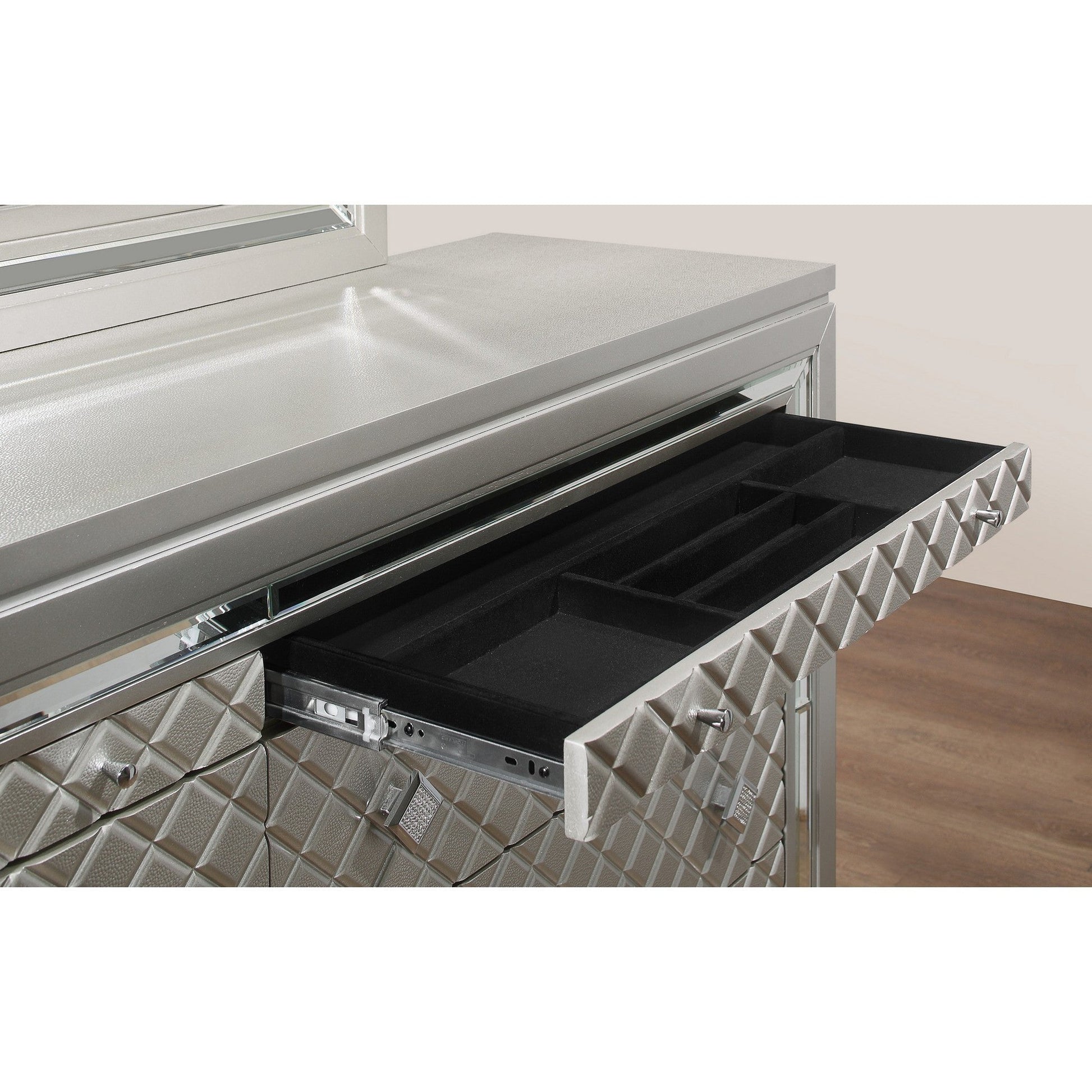 HomeRoots Champagne Toned Dresser With Tapered Acrylic Legs And 2 Jewelry Drawers