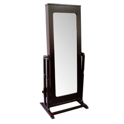HomeRoots Cherry Finish Standing Mirror with Jewelry Storage