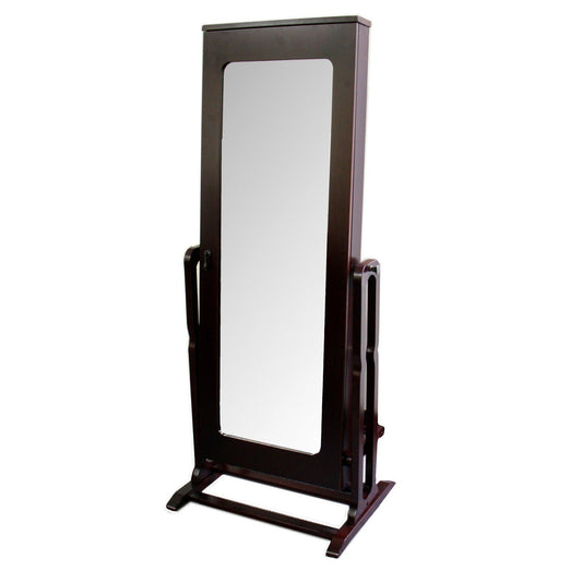 HomeRoots Cherry Finish Standing Mirror with Jewelry Storage