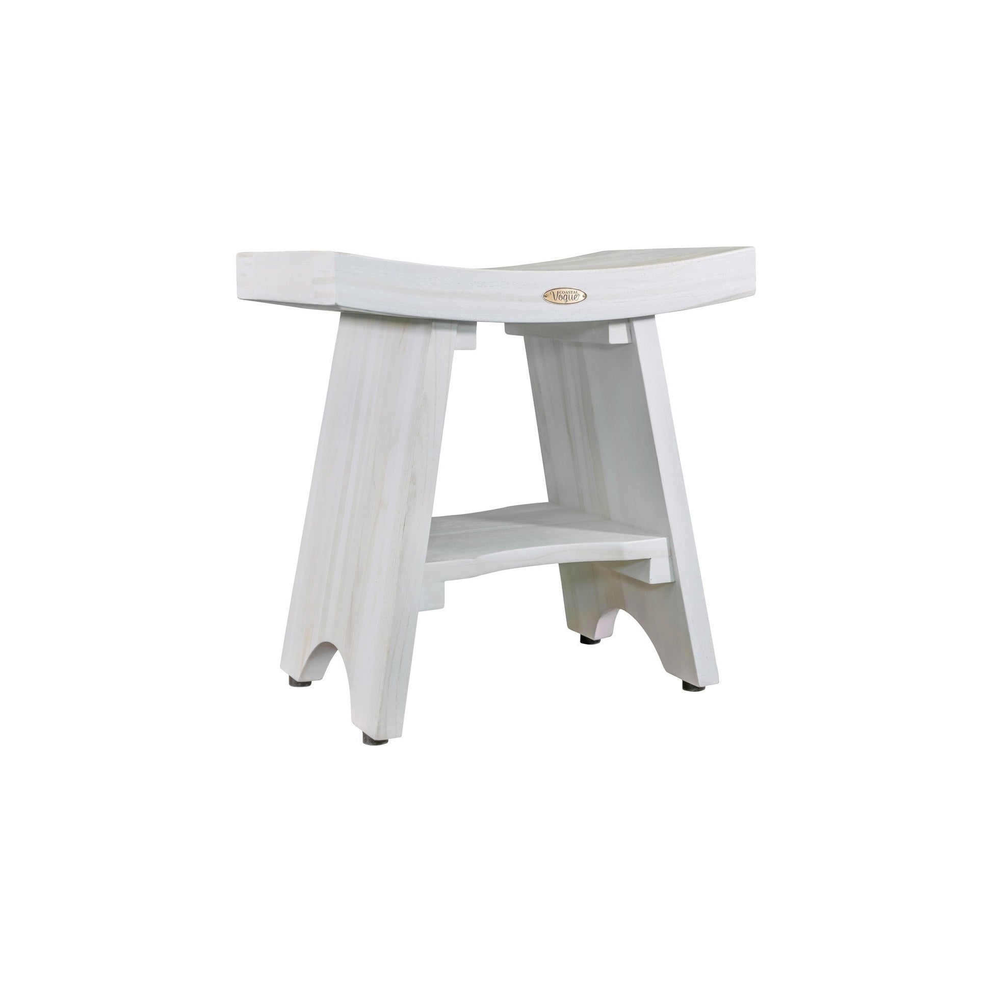 HomeRoots Compact Curvilinear Teak Shower Outdoor Bench with Shelf in Driftwood Finish