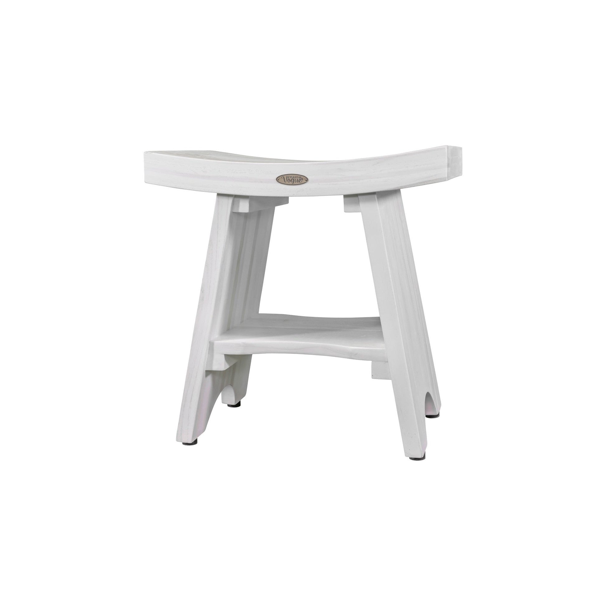 HomeRoots Compact Curvilinear Teak Shower Outdoor Bench with Shelf in Driftwood Finish