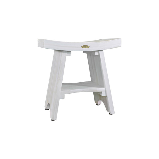 HomeRoots Compact Curvilinear Teak Shower Outdoor Bench with Shelf in Driftwood Finish