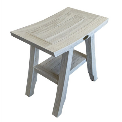 HomeRoots Compact Square Teak Shower Stool with Shelf in White Finish