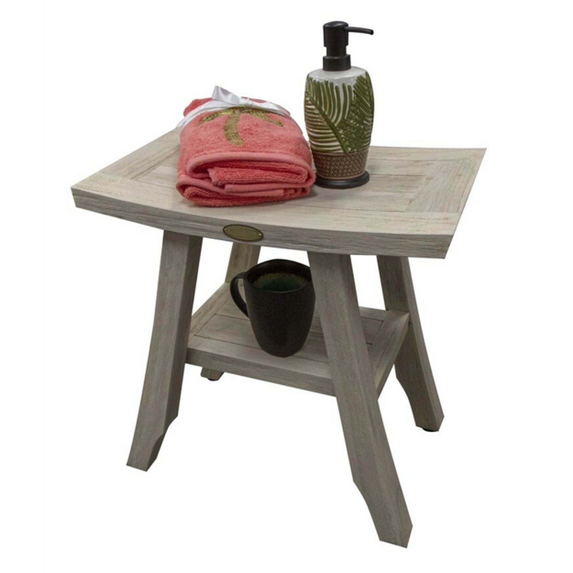 HomeRoots Compact Square Teak Shower Stool with Shelf in White Finish