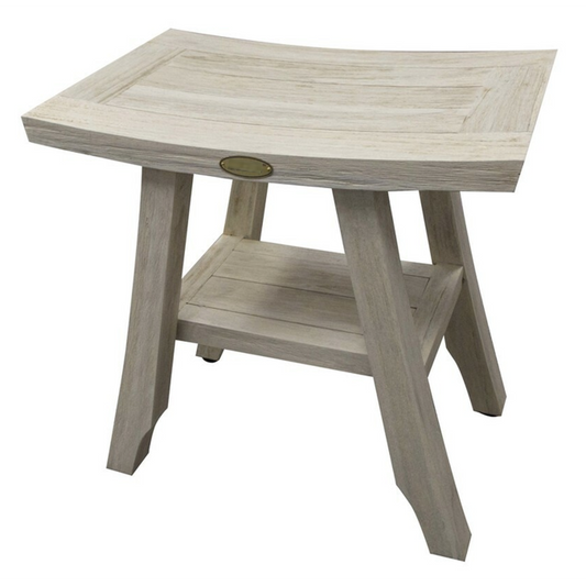 HomeRoots Compact Square Teak Shower Stool with Shelf in White Finish