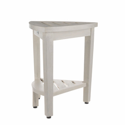 HomeRoots Compact Teak Corner Shower Stool with Shelf in Whitewash Finish