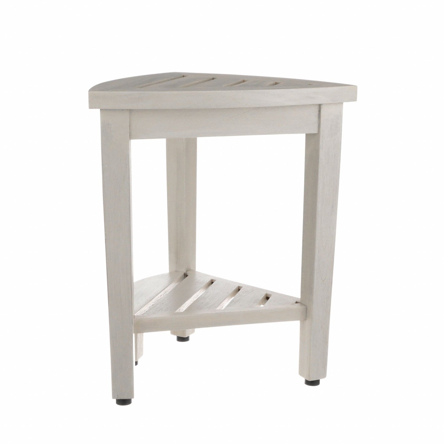 HomeRoots Compact Teak Corner Shower Stool with Shelf in Whitewash Finish